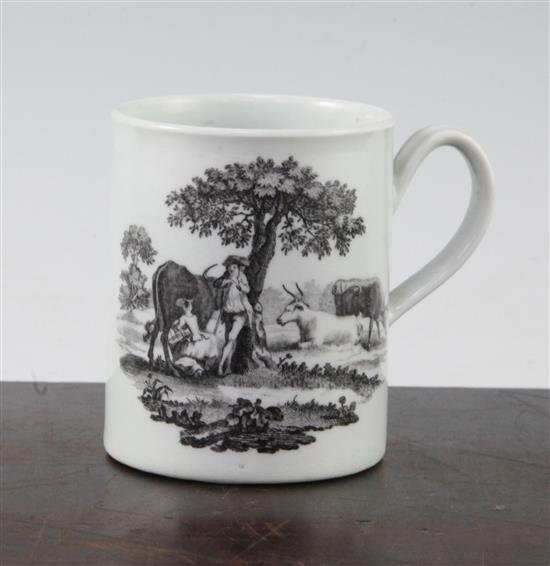 A Worcester mug, printed by Robert Hancock, c.1765, 8.5cm